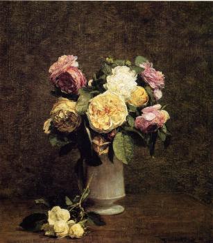 Henri Fantin-Latour : Roses in a White Porcelin Vase